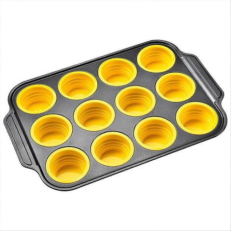 Moule à muffins en silicone avec cadre métallique, 12 empreintes standard, jaune vif, résistant à la chaleur, antiadhésif, réutilisable, pour four et micro-ondes (1/5)