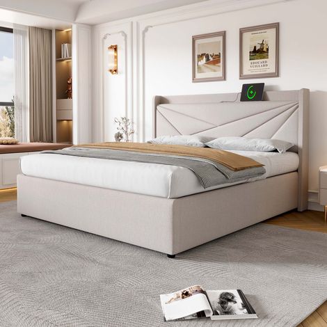 Lit coffre 160x200 cm, sommier à lattes en bois, tête de lit rembourrée, USB et Type-C, rangement sous le lit, lin beige, sans matelas (1/5)