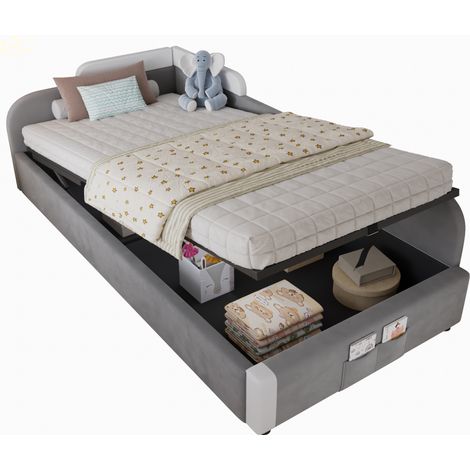 CHICFURN Letto bimbi contenitore 90x200 cm velluto grigio con sponda alta, senza materasso (1/5)