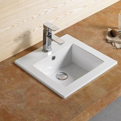 Rue Du Bain – Vasque à encastrer carrée en céramique blanche 42x42 cm – Avec plage de robinetterie et trop plein – Pour salle de bain moderne