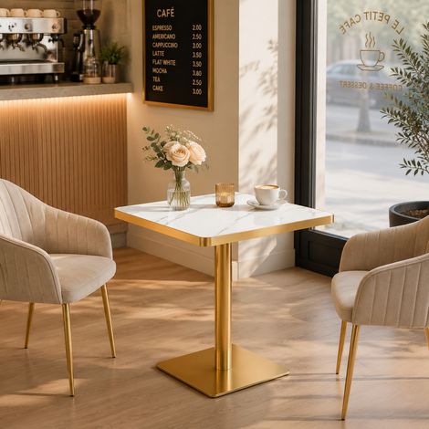 Table de salle à manger carrée avec plateau résistant aux UV, finition effet marbre et structure métallique moderne. (1/5)