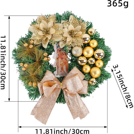 Couronne de Noël artificielle 30cm, poinsettia doré pailleté, boules dorées, nœud doré scintillant, plaque Sainte Famille, décoration de porte