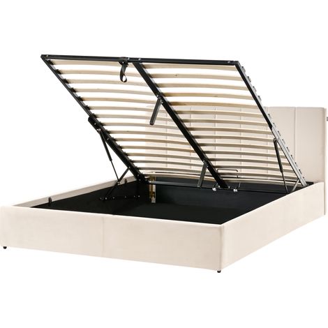 Cama con somier de terciopelo beige claro 160 x 200 cm cabecero abatible espacio de almacenaje Dreux