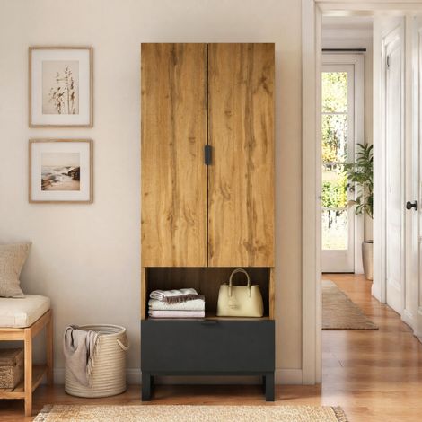 MEUBLIV Armoire 180x65x38 cm bois et noir – penderie, tiroir et étagères, sans matelas (1/5)
