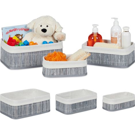 6x Cestino Portaoggetti, Pratico Set, Fodera in Tessuto, Bambù, Rettangolare, Bagno, Giochi, Grigio (1/5)