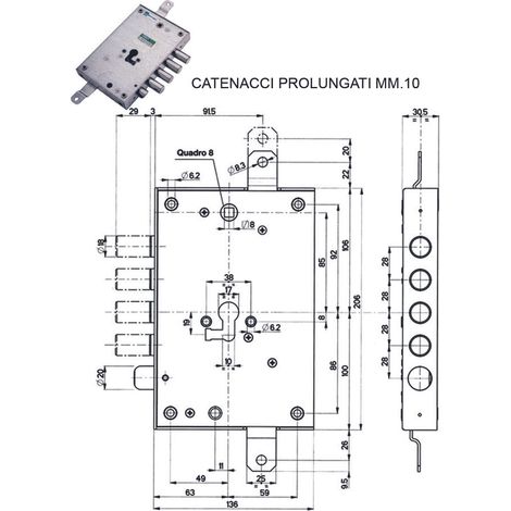 SERRATURA TRIPLICE APPLICARE SCROCCO CILINDRO EUROPEO 85571/28 CATENACCCIO + 10 MOTTURA