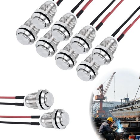 10pcs Momentané Bouton Bouton Poussoir 12 mm, interrupteur métal inox IP65 pré-câblé 2A pour 12V 24V 125V 250V, bouton on off à tête haute pour panneau contrôle (1/5)