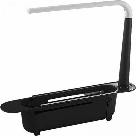Porte-éponge pour évier de cuisine, support de rangement pour évier, porte-éponge télescopique, convient pour un évier simple, en plastique, 32-45 cm, noir.