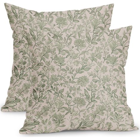Funda de almohada decorativa con estampado floral de 45 cm, color gris verdoso - Funda de cojín retro lavable a máquina, sin necesidad de mantenimiento, juego de 2 (1/4)