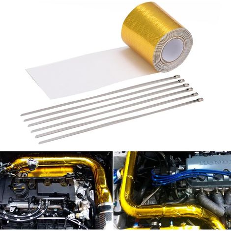 Ruban Isolant Thermique, 5M x 5cm Bande Isolante Adhésive, Bande de Protection Thermique Résiste Jusqu'à 450 Degrés Celsius avec 6 Colliers Serrage pour Tuyeau de Voiture Moteur (Or) (1/5)