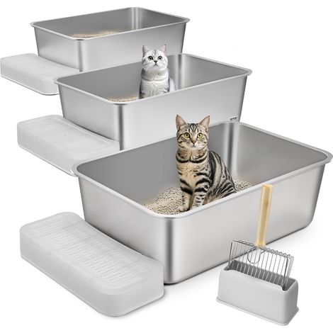 VEVOR Cat Litter Box, 8 inches Deep, XL Extra Large Stainless Steel Cat Litter Box with Scoop, Wide Filtering Foot Board & High Sides, Enclosed Odor-Free Easy-to-Clean Litter Box, Fit for Big Cats (1/5)