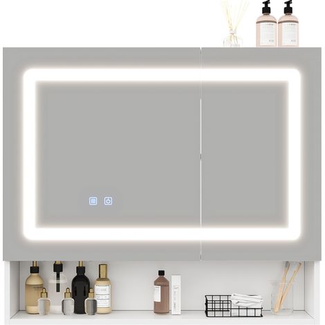 Mobile specchio bagno 80x17x70 cm in MDF e vetro bianco con LED e antiappannamento - CHICFURN (1/5)