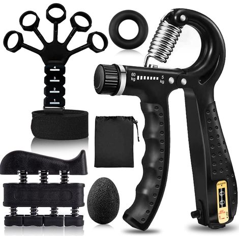 Set di 5 attrezzi per l'allenamento della presa - Rinforzatore per avambracci - Allenatore per dita - Misuratore di presa - Palla per la presa - Attrezzo per la presa manuale - Set da 5 pezzi (1/4)