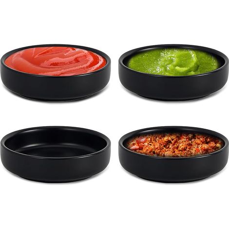 4-teiliges Set runder Saucenschalen, 8,7 x 2,5 cm, Mini-Sojasaucenschalen, Dipschalen, für Snacks, Sushi, Ketchup und Obst (Schwarz)