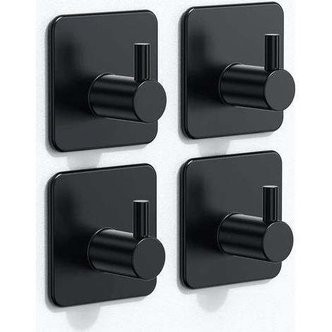 RisingFF Set of 4 Stainless Steel Adhesive Towel Hooks, 4.5 cm, Black (1/5)