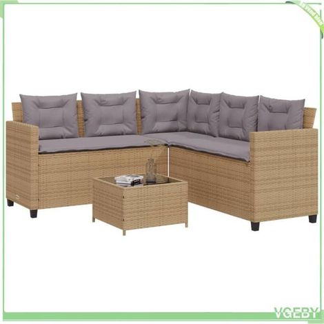 Canapé de jardin - FAFEICY - Canapé en L - Résine tressée beige - Coussins déhoussables - Table verre trempé (1/5)