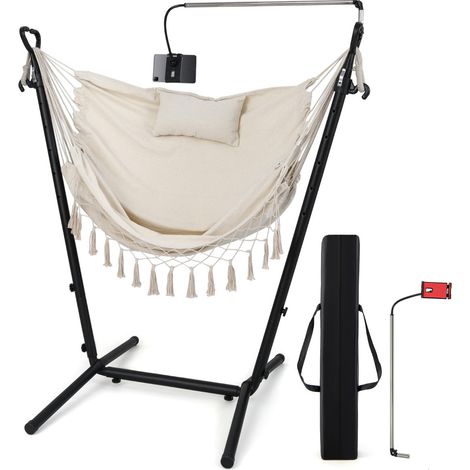 Hamaca con soporte 75 x 107 x 96-146 cm comodidad óptima y soporte giratorio para teléfono estilo bohemio en algodón beige 200012173