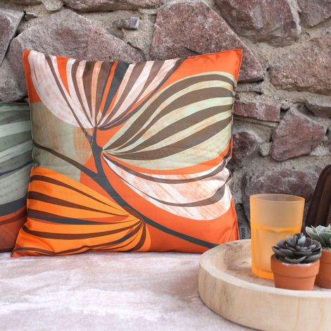 Coussin outdoor imprimé déhoussable – 45 x 45cm – Polyester – Motif feuillage - 45x45cm - Terre cuite