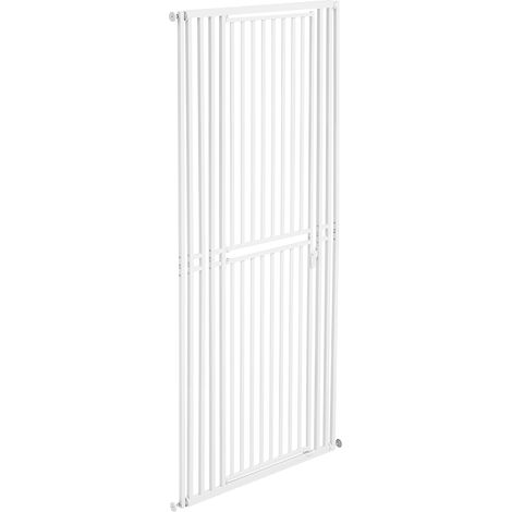 Mophorn Barrera de seguridad para gatos y perros, ancho ajustable de 700 a 860 mm, altura extra de 200 cm, valla protectora para mascotas con cierre automático, incluye kit de instalación, blanco (1/5)
