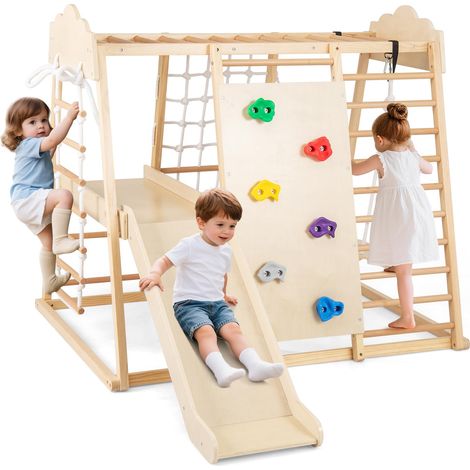 COSTWAY 8 in 1 Set da Arrampicata per Bambini, Palestra in Legno da Interno con Sbarre Scivolo Altalena Scala in Corda e Roccia/Rete da Arrampicata, per Bambini 3 Anni+ (Naturale) (1/5)