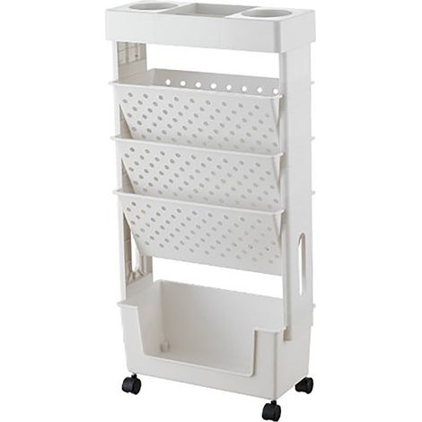 Bibliothèque mobile blanche rotative à roulettes, étagère pratique en plastique amovible multicouche, grande capacité de rangement à roulettes (1/5)