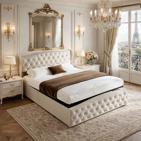 Lit 160 x 200 cm en velours, Lit rembourré avec Coffre de rangement, Lit double avec sommier à Lattes en Bois , Décor avec boutons,pour Adultes 2 Personnes, Beige (1/5)