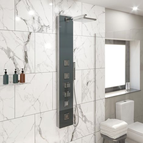 Thermostatic Modern Shower Tower Panel Glass Finish Body Jets Twin Heads Handset (1/5)
