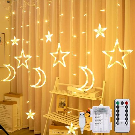 Tenda luminosa a stelle e luna da 3,5 m con 138 LED, luci decorative a forma di stelle e luna per finestre, giardino, decorazioni per il Ramadan, 8 modalità, alimentazione a batteria/USB. (1/5)