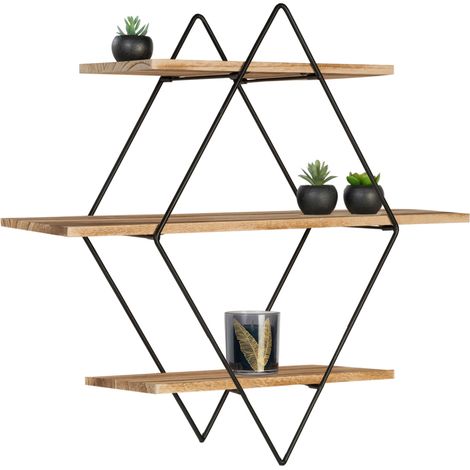 Estantería de pared LILY en forma de diamante, 3 niveles, madera y metal, diseño industrial (1/5)
