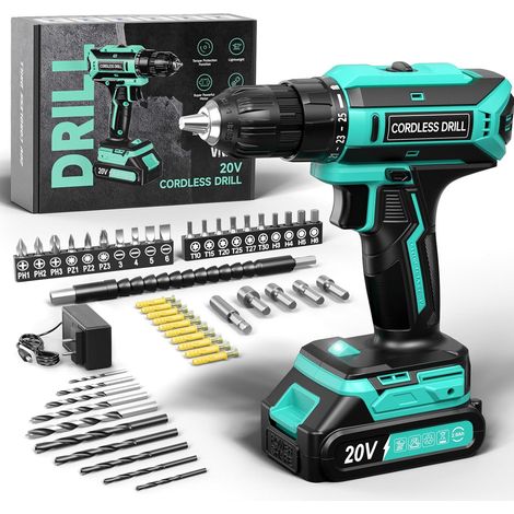 Cordless Drill 20V Cordless Devicer, 25+1 Torque Settings, Max 42Nm Screwdriver, LED, Set of 56 Accessories for Maintenance and DIY, Cyan (1/5)