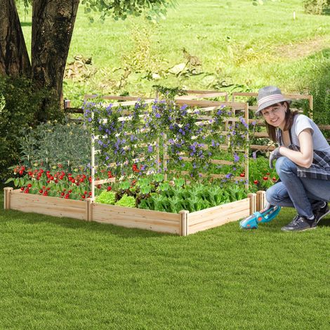 Carré Potager en Bois de Sapin 222x114x110CM 3 Treillis Base Ouverte Vignes Grimpantes Fruits Fleurs Légumes Naturel (1/2)
