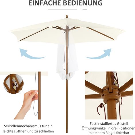 Parasol Ø 250 cm, parasol à cordon pour balcon plage en bambou résistant au vent, ombrage pour balcon terrasse jardin, blanc (1/4)