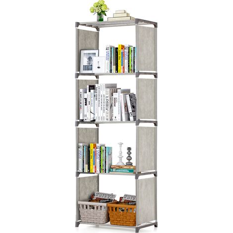 5-stöckiges Bücherregal – Metallrohr, Vliesstoff, Grau, Multifunktional, Großes Fassungsvermögen, Maximale Balance, Stabil, Schnellmontage (1/5)