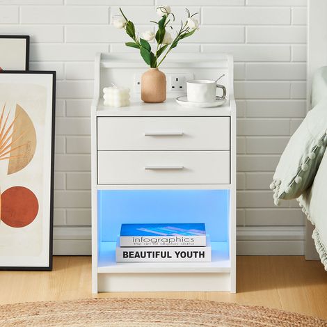 High Gloss Bedside Cabinet with Charging Station, 2AC Outlets and 2 USB Ports, 16 Colors LED Lights Bedside Table with 2 Storage Drawers and 1 Open Shelf for Bedroom Living Room (1) (1/5)