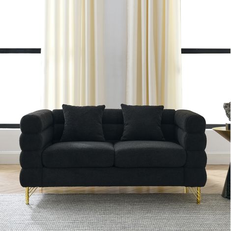 MODFU – Canapé forme nuage 2 ou 3 places tissu teddy – Dossier et accoudoirs ondulés superposés – Assise mousse et ressorts, pieds métal doré – Salon – Noir (1/5)