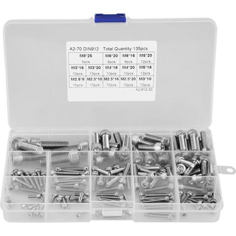 Confezione da 135 viti a testa esagonale in acciaio inox 304, disponibili in tutte le misure: M2.5, M3, M4, M5, M6 e M8, con scatola per la conservazione. (1/4)