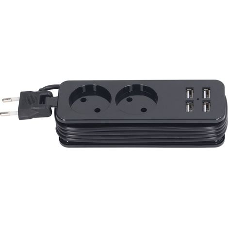 Prolongateur 1200W 10A multiprise 2 prises rondes allemandes + 2 fiches UE et 4 ports USB, prise européenne 250V noire, câble d’alimentation pour smartphones, tablettes et appareils multiples (1/5)