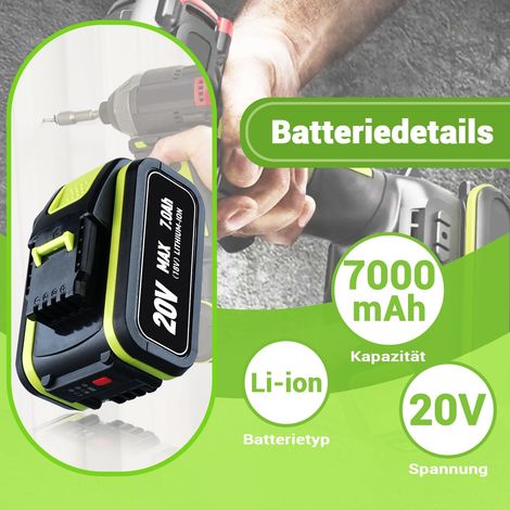 PDstation 2X 7.0Ah Ersatzakkus für Worx Akku 20V WA3551 mit Ladestandanzeige Wiederaufladbarer leistungsstarker Li-Ion Akku für alle Worx 20V Geräte WA3551 WA3553 WA3556 WA3605 WA3641 WA3572 WA3881 (1