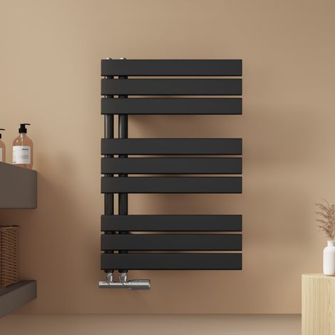 EMKE Badheizkörper Flach 762x500 mm Schwarz Handtuchwärmer Klein Handtuchtrockner, Panel Handtuchhalter Seitenanschluss für Bad Warmwasser 397W