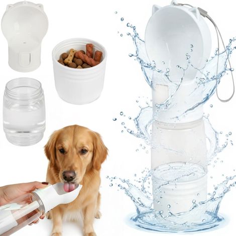 Reiseflasche für Hunde, tragbarer Wasserspender mit Futterbehälter, 3-in-1, weiß (1/5)