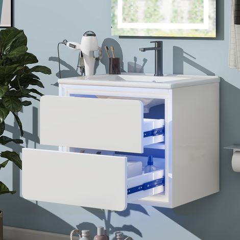 Mueble de baño con lavabo 60 x 46 x 50 cm, 2 cajones, LED radar, blanco DESVIAE (1/5)