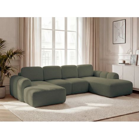 BOBOCHIC - Canapé panoramique convertible coffre MONTAIGNE tissu bouclette Angle gauche Vert (1/5)