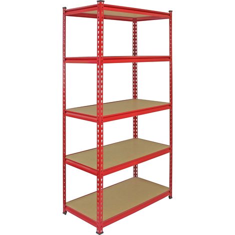 5 Estanterías Rojas Metalicas Z-Rax Sin Tornillos 90x45x183cm 5 Estantes (Capacidad de Peso por Estante 360kg) Almacenamiento Almacenaje Herramientas Taller Garaje Industrial con Mazo de Goma GRATIS