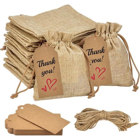 50 Pcs Small Jute Canvas Bags 10x12 cm with Tags - Linen Drawstring Bags - Fabric Gift Bags for Weddings, Christenings, Jewelry, Lavender (1/5)
