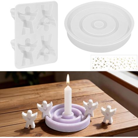 Set mit 4 engelsförmigen Silikonformen mit Herzmotiven – 1 runder Silikon-Kerzenhalter mit Deko-Aufklebern – Gießform – Weihnachtliche Gipsform für DIY-Kerzen, Seife und Gips (1/5)