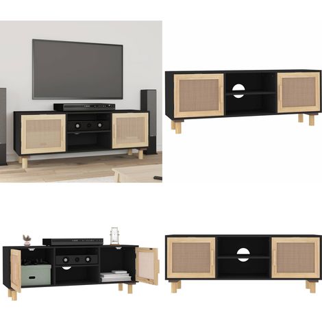 Meuble TV Noir 105x30x40cm Bois de pin massif et rotin naturel - Meuble Tv - Meuble Audiovisuel - Support Tv - Unité Tv - Design Moderne - Home & Living