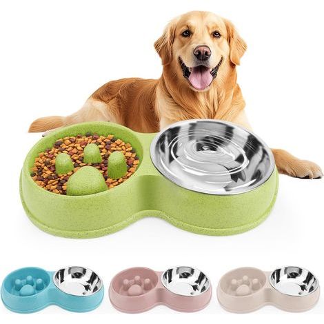 Slow-feeding pet bowl, straw licking bowl for dogs, jigsaw puzzle food bowl for cats with stainless steel water bowl, green (1/5)