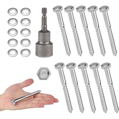 10 PCS Vis Tire-Fond Avancées Tête Hexagonale M10 x 100 mm Inox AISI 304 (A2), Tirefond Beton avec Rondelles et Clé à Six Pans, Vis à Bois Tête Hexagonale Autoperceuse, pour Assembler le Bois