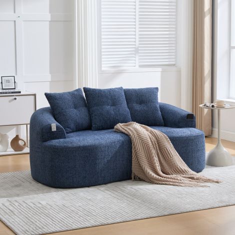 Canapé 2 places arrondi bleu chenille – Canapé droit avec coussins profonds style nuage, 3 coussins décoratifs inclus