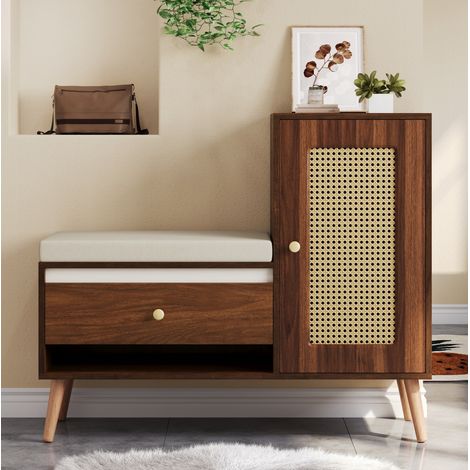 Meuble à chaussures banc en MDF et panneaux de particules noyer, effet rotin, 2 tiroirs, tablettes réglables (1/5)